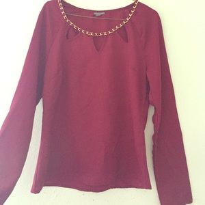 Burgundy long sleeve with gold neck line