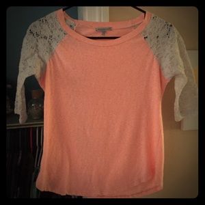 Coral color shirt with lace sleeves