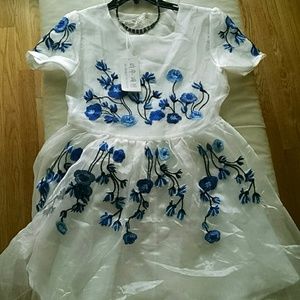 White Satin Dress with Blue Flower Embroidery