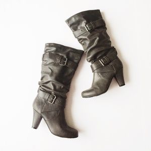 Grey Faux Leather Boots with Buckles and Heels