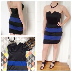 Black & blue striped strapless mini dress