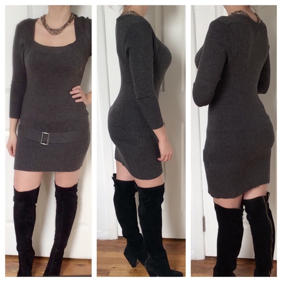 Gray square neckline knit mini dress