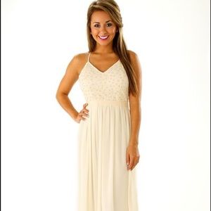 long cream white dress with light pink sequins