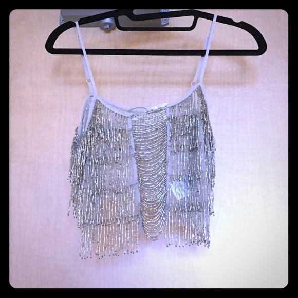 XS Kimchi Blue Silver Beaded Crop Top