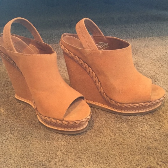 Tan leather open toe sling back