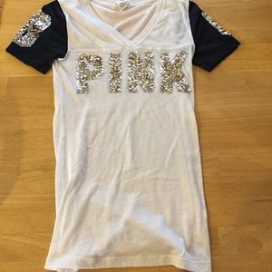 PINK black and white sequin v-neck