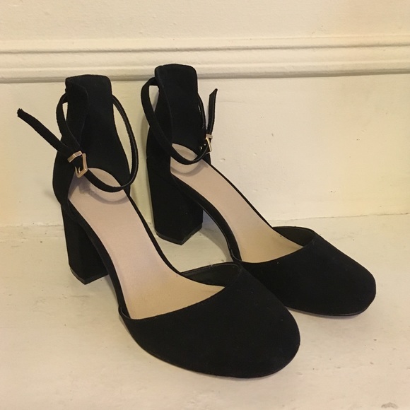 ASOS black faux suede ankle strap heels