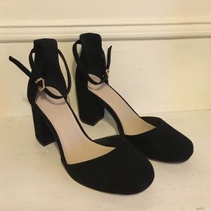 ASOS black faux suede ankle strap heels
