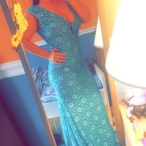 Blue laced and diamond designer prom dress