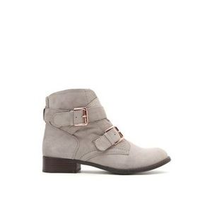 gray suede booties with gold buckles