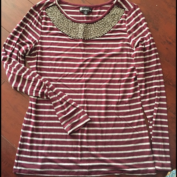 Burgandy Striped Longsleeve with pewter beads - Picture 1 of 1