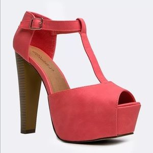 Breckelle's grapefruit sexy t strap peep toe heels