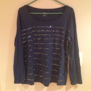 Navy Blue Long Sleeved Tee with Sequin Stripes
