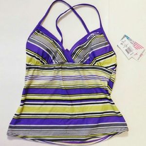 Purple and yellow tankini bathing suit top