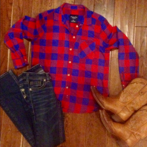 Red and blue buffalo check button down
