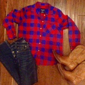 Red and blue buffalo check button down