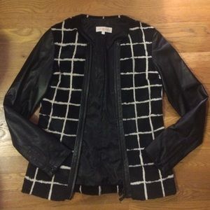 Rabbit fur printed jacket w/ leather sleeves