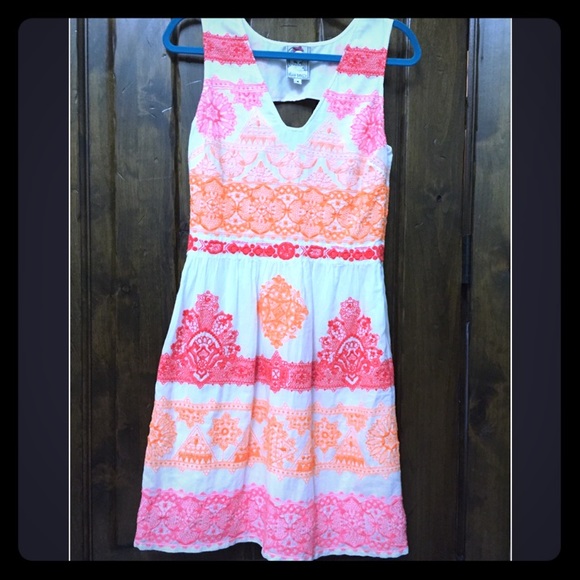 White dress with pink & orange embroidery
