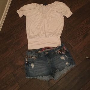 Distressed Shorts with Floral Accents