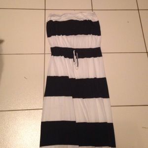 Navy and white striped strapless dress