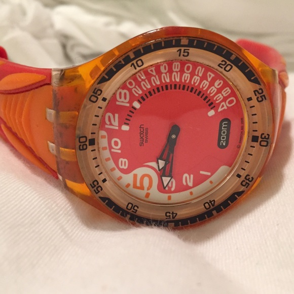 Red and orange swatch watch