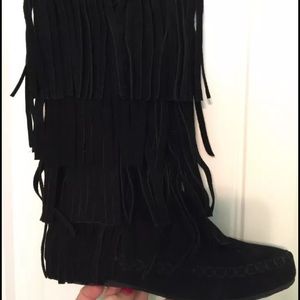 Adriana black suede flat fringe boots BNIB