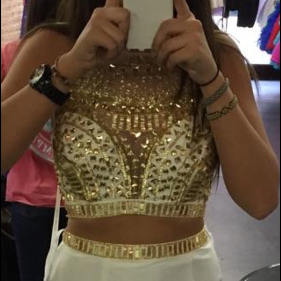 white and gold Rachel Allan prom dress - Picture 2 of 3