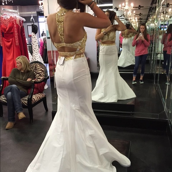 white and gold Rachel Allan prom dress - Picture 3 of 3