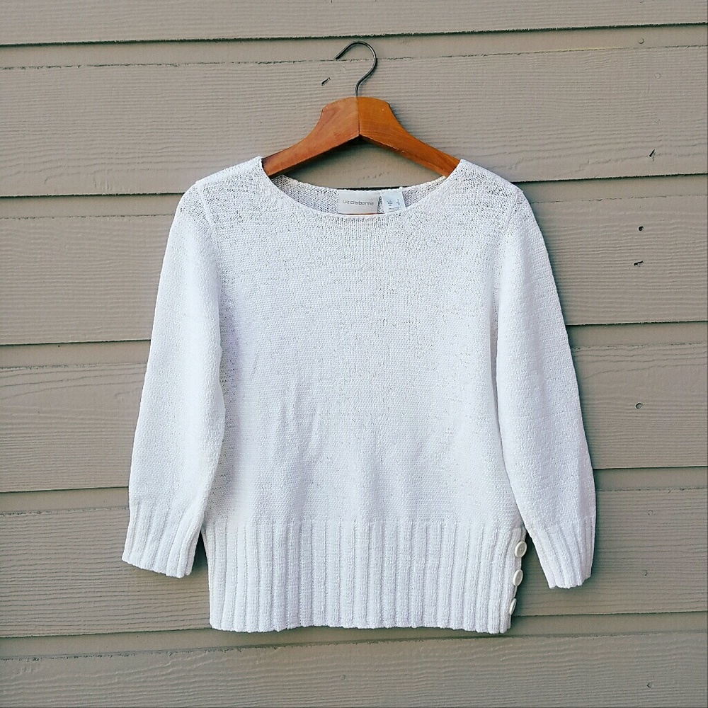 White Knit Sweater with Button Details