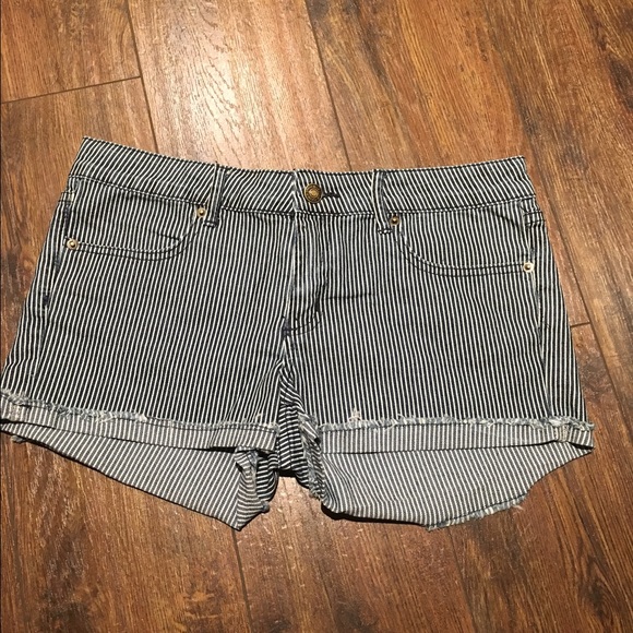 Pin-striped blue denim cut off shorts