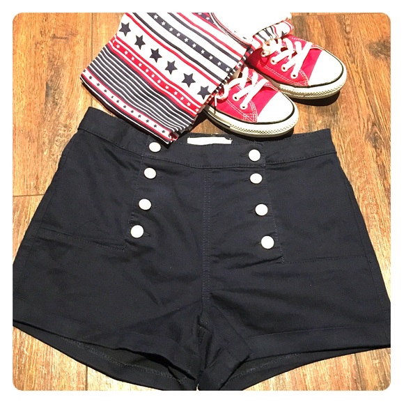 Navy blue denim high waisted shorts