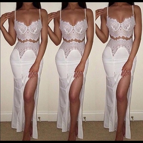 White Lace Maxi Dress Slits Beautiful Sexy Dress