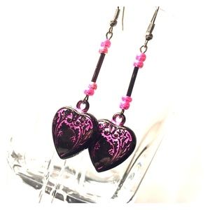 Magenta & Black Heart Shaped Owl Earrings.