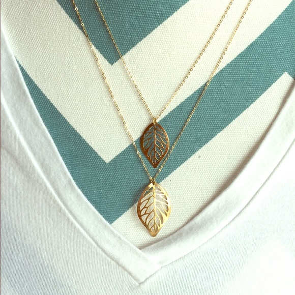 Solid 14k Gold Double Leaf Necklace - image 1