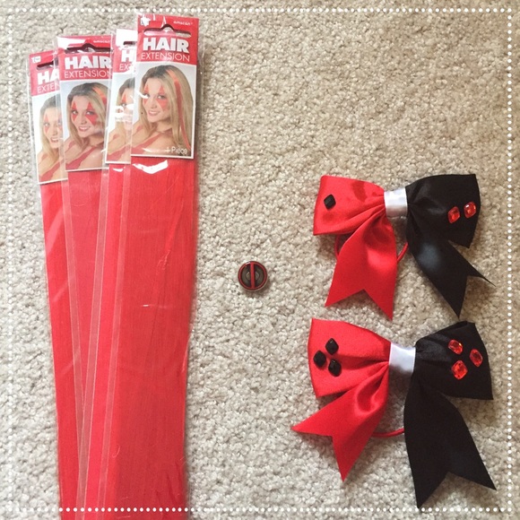 Harley Quinn bows, Deadpool pin, & red extensions