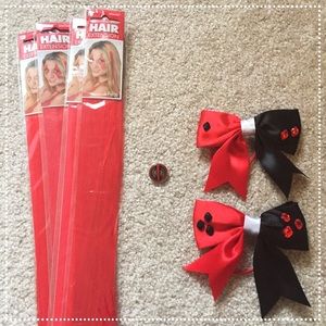 Harley Quinn bows, Deadpool pin, & red extensions