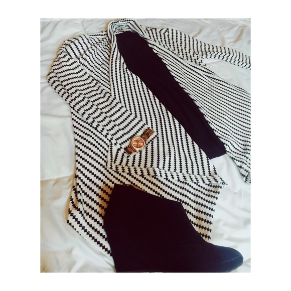 Striped White & Black Draped Cardigan