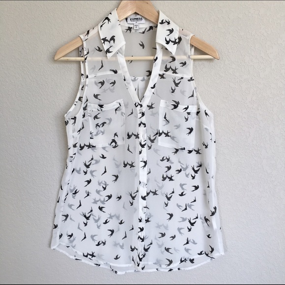 Express Tops - Sleeveless Sheer Top w/ Bird Print