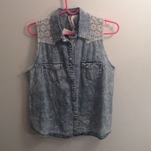 Denim style button down tank with lace