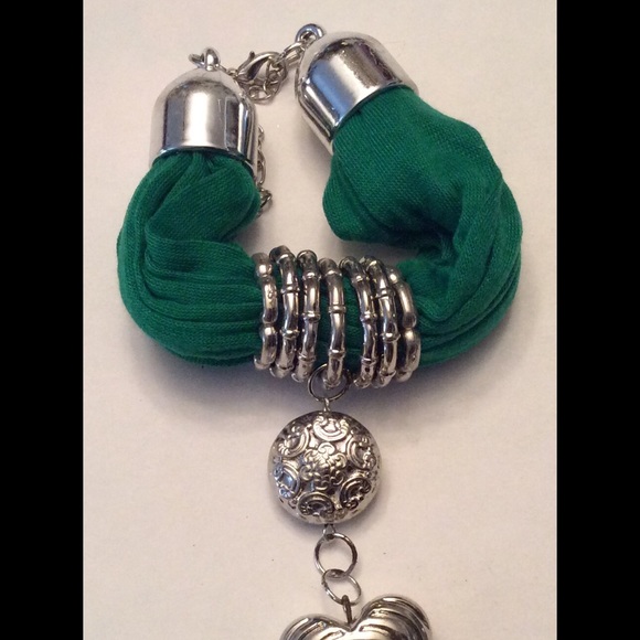 Silver and Green Cloth heart bracelet