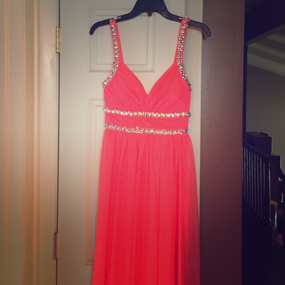 Coral With Silver Jewels and Sequins Prom Dress