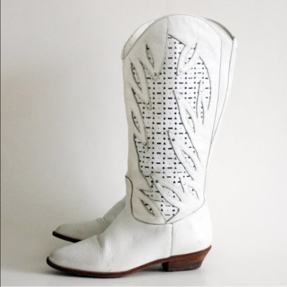 Vintage 1980s White Leather Cowboy Boots