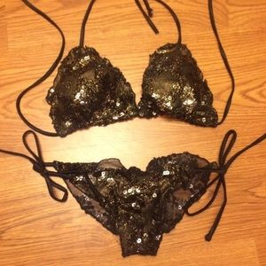 Black and Gold Sequin Mesh Bikini