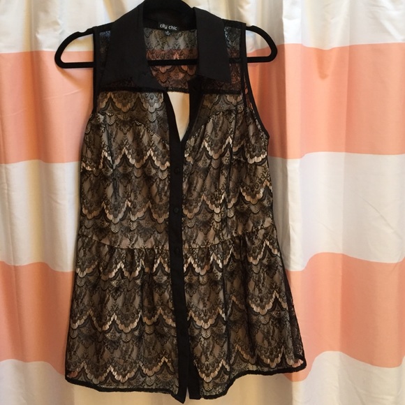 Lace Sleeveless Collared Babydoll Blouse - Picture 1 of 4