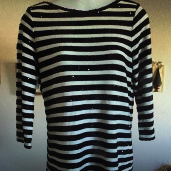 Talbots cream & navy striped with sequins S