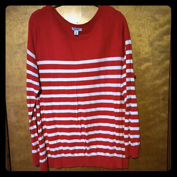 Long Sleeve Red and White Striped Sweater XXL