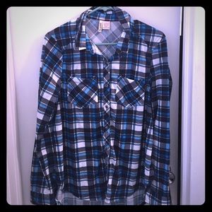 Flannel blue plaid high low shirt