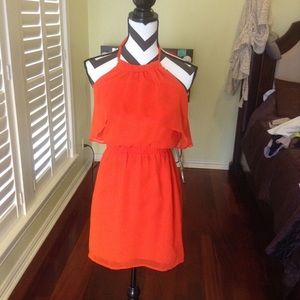 Beautiful coral hi neck, low back dress.