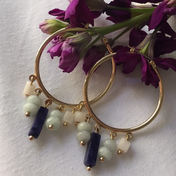 Gold Hoop Earrings with Natural Stone Drop Charms