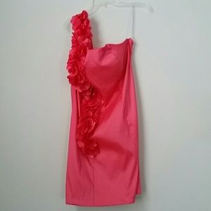 Coral one shoulder ruffle above knee dress